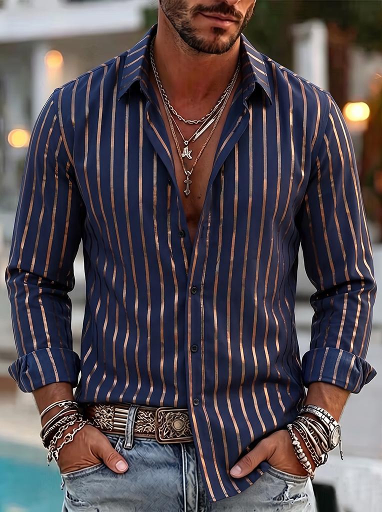 2026 New Style Men's Striped Long-Sleeved Shirt with Collar, Slim-Fitting Casual Shirt, Fashionable Cardigan Tops