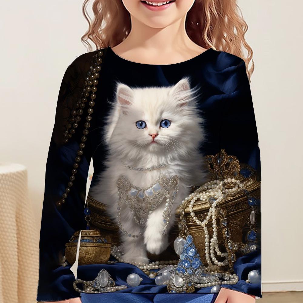 Children's Clothing Long Sleeve Cat Print O-Neck Kids Spring Fall Clothes Fashion Cartoon Girls Clothes T-Shirt Streetwear Tops