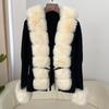 Autumn Winter Women's Fur Coat Patchwork Knitted Sweater Bandage Fur Cardigan Detachable Collar Jacket Faux Fur Coat