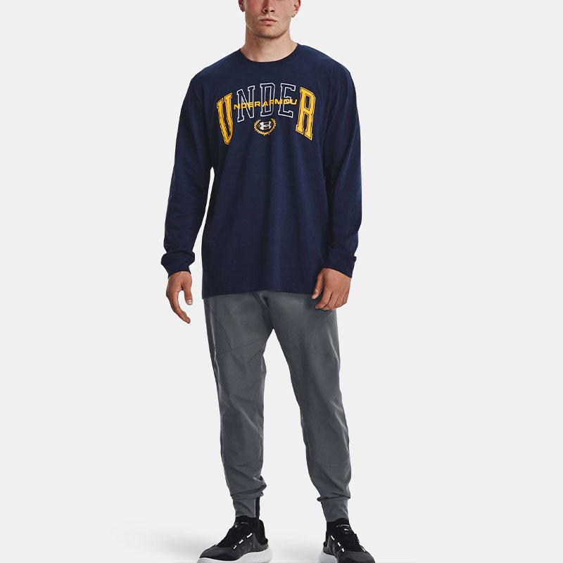 Under Armour Letter Print Crew Neck Long Sleeve T-Shirt Men Tops Navy-Blue 1379576-410