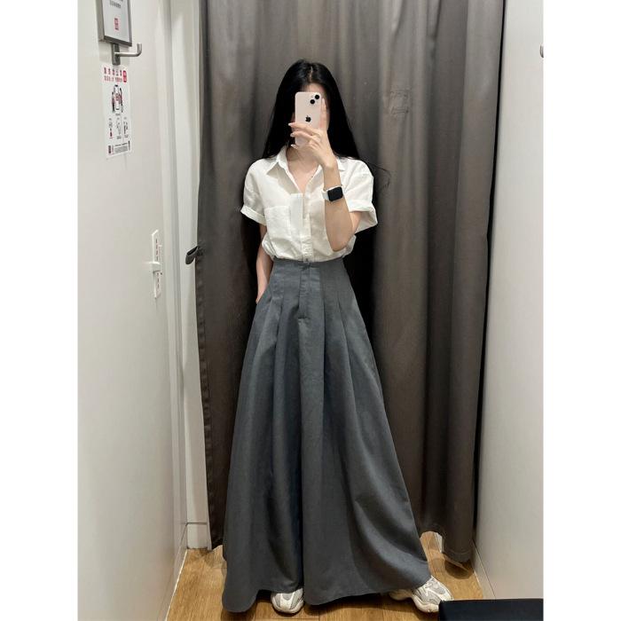 Women's Chic Hong Kong Salt-Style Two-Piece Set: Short-Sleeve Shirt & Midi Skirt for Spring/Summer.