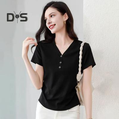 T-shirt da donna Scollo a V Decorazione bottoni Manica corta T-shirt Slim fit Morbida Elastica Pullover Top Stile pendolare Top