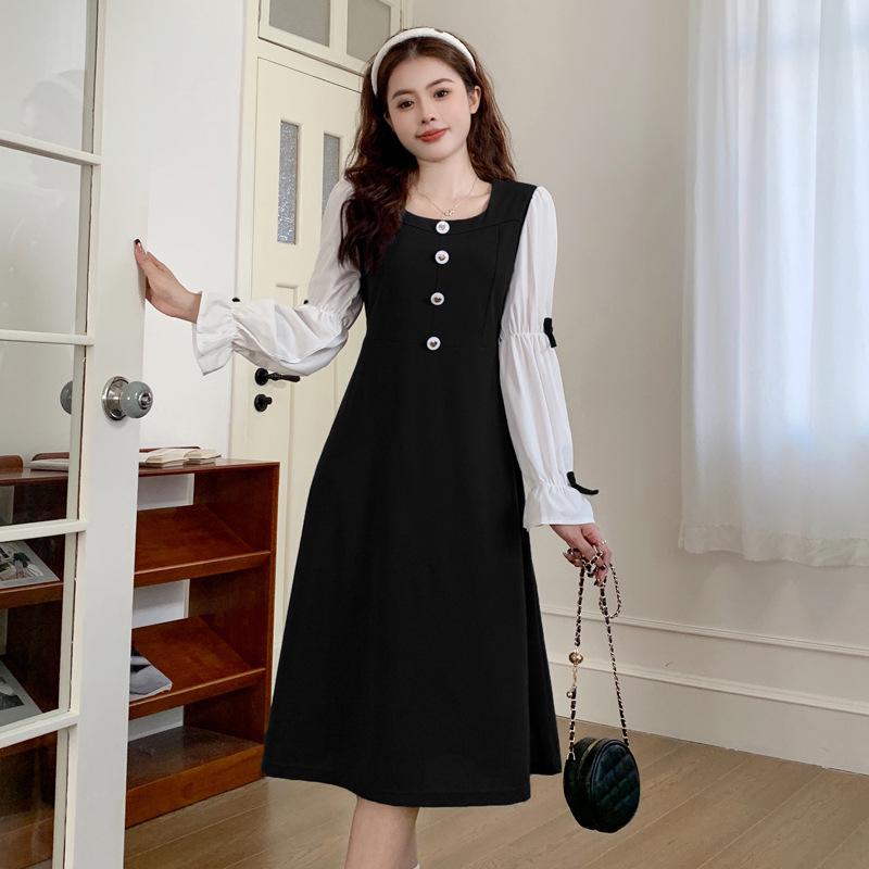 Plus Size Square Neck Bow Color Block A-line Long Dress 3XL чёрный