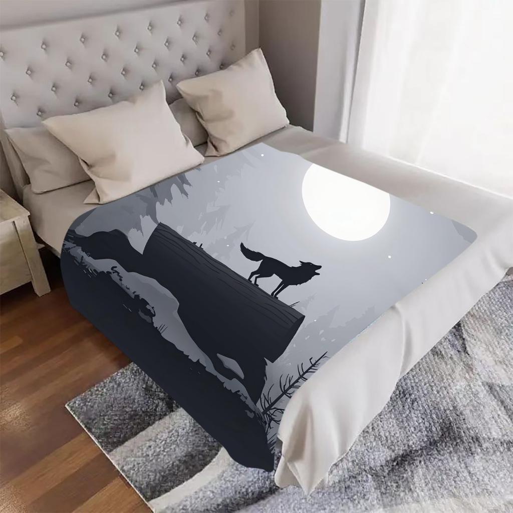 1pc Wolf Howling at Moon Blanket - Dark Gray/Black/White Color Scheme Flannel Throw - Soft All-Season Bedspread for Home, Campin