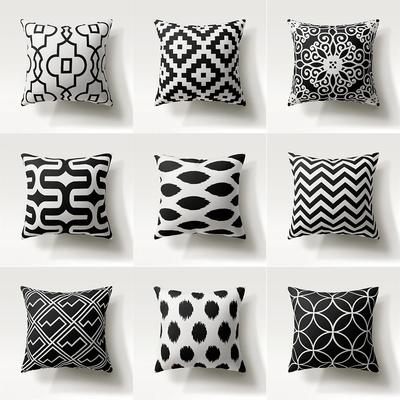 Black and White Geometric Pattern Printed  Polyester Cushion Cover for Home Living Room Sofa Decorative Pillowcase