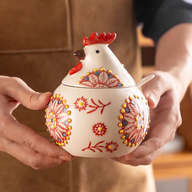 Ceramic Seasoning Container Chick Designs Sealable Lid Included Measuring Utensils For Cooking Essential