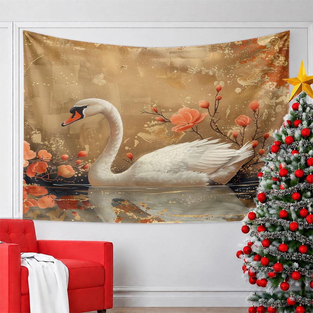 Elegant Swan with Blooming Flowers Pattern Wall Hanging Tapestry Decorative Tapestry Home Decor for Bedroom and Living Room