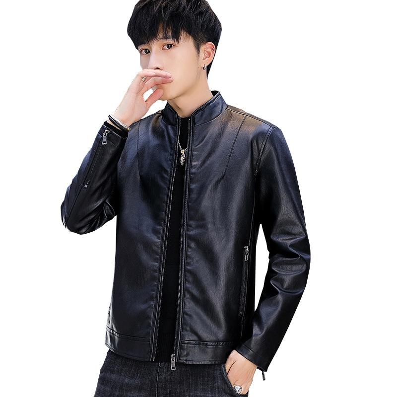 Podzim a zima nový kožený kabát s límečkem Pánská sametová kožená bunda se simulací korejské verze Velký kabát přiléhavého střihu Hezké oblečení na motorku