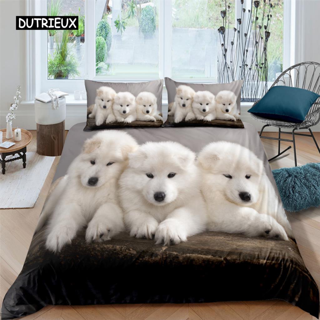 3D Dog King Queen Full Twin Duvet Cover Funny Puppy Bedding Set Teens Adult Kawaii Pet Animal White 2/3pcs Polyester Quilt Cover