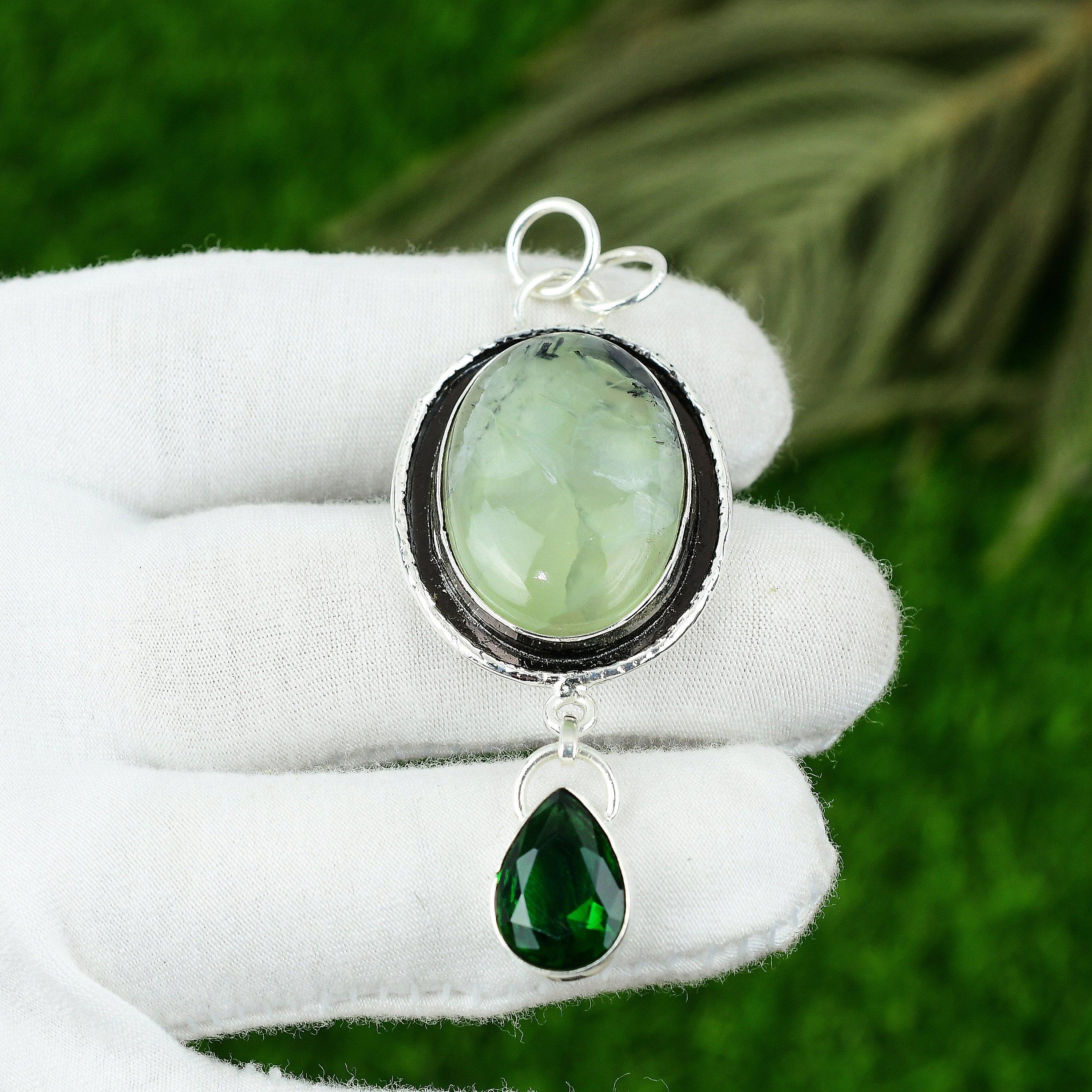 

Серебро 925 пробы Пренит Камень Диопсид Арт-деко Жена Ручная работа Новый Кулон