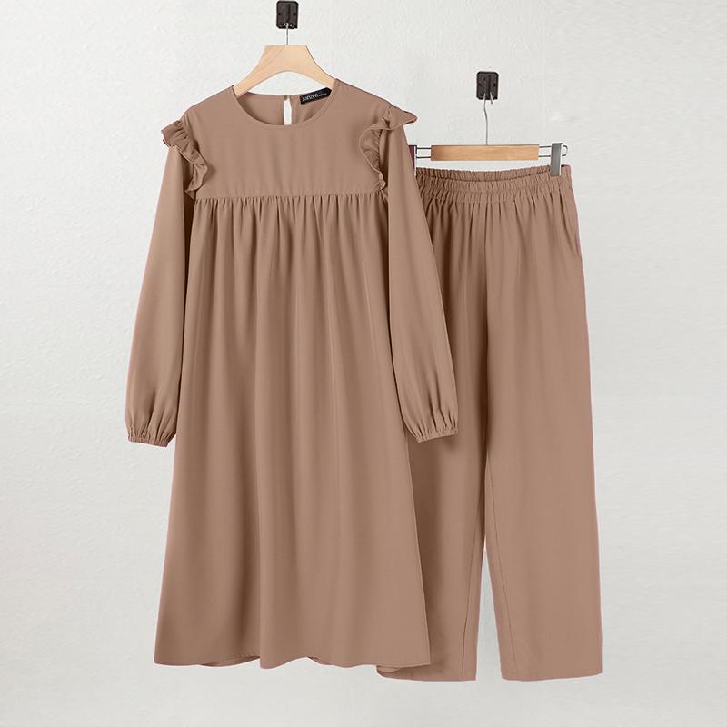 ZANZEA Dame lang bluse og bukser Retro Casual todelt sett