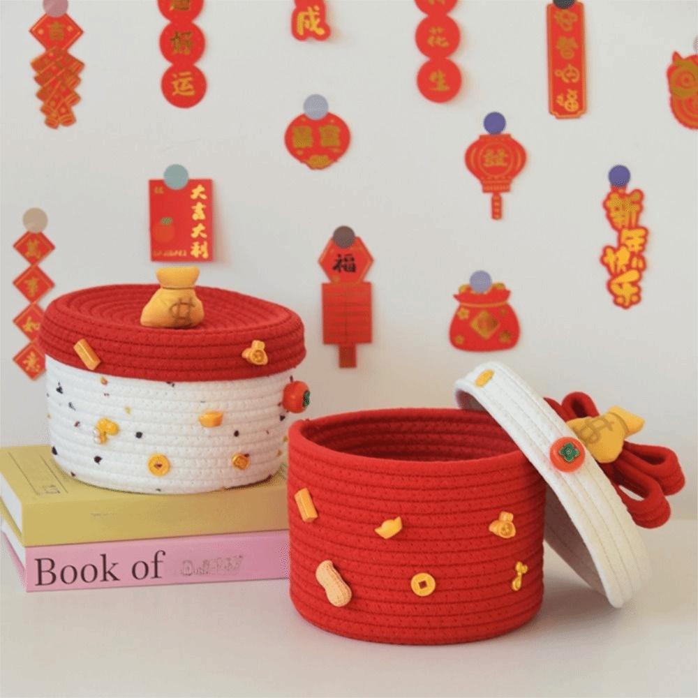 Handmade New Year Storage Basket Cartoon Decorative Cotton Rope Basket Blessing with Lid Hand Woven Basket Clutter Management