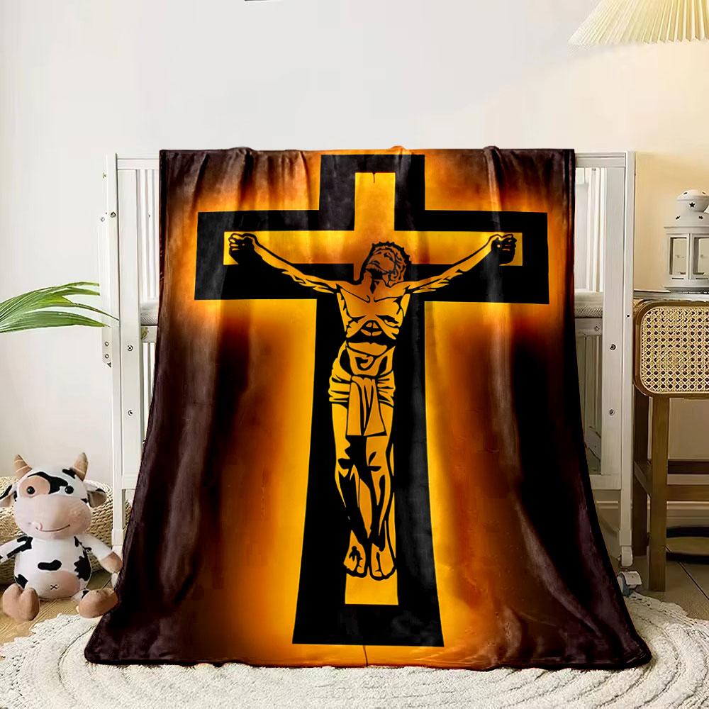A glowing illuminated black cross featuring a depiction of Christ crucified. for all seasons blanket lunch break throw gift 80cm x 120cm