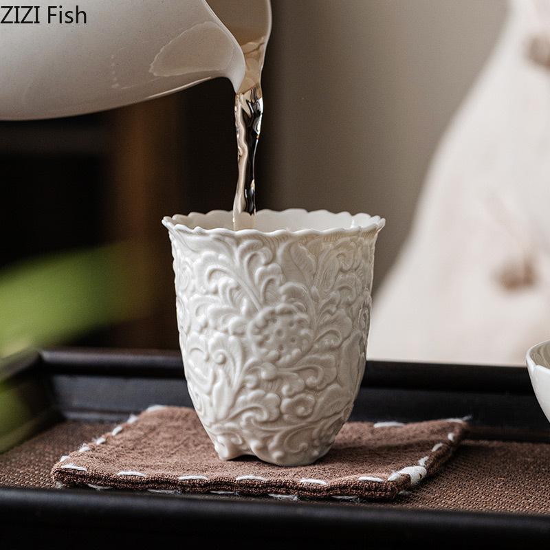 75ml Peony Embossed Ceramic Tea Cup Creative Kung Fu Tea Set Office Study Tea Cup Chinese Tea Ceremony Tea Set Accessories
