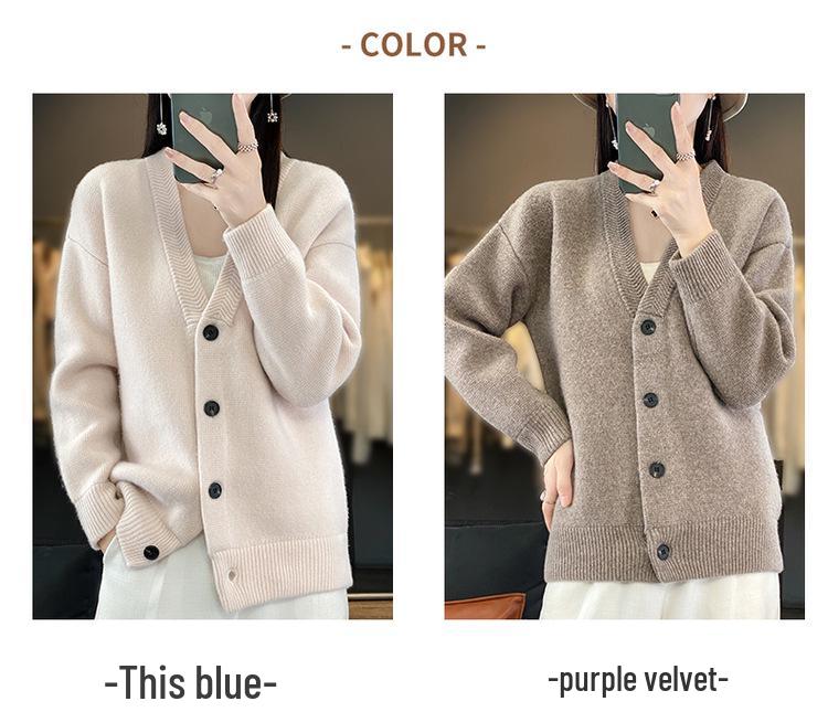 Casual V-neck Thick Wool Sweater Coat - New Autumn/Winter Long-Sleeve Cardigan for Women