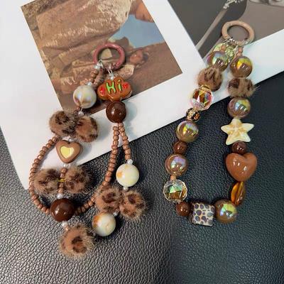 Brown Bead Mobile Phone Strap Lanyard Keychain For iPhone 17 CCD Camera Schoolbag Ins Korea Customized Pendant With Slip Card
