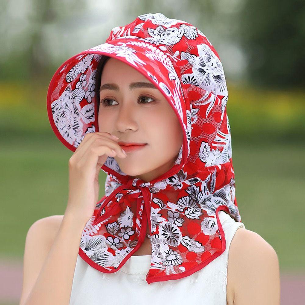 Sunscreen Women Sun Hat Neck Guard Print Floral Sunscreen Hat Breathable Picking Tea Hat Riding
