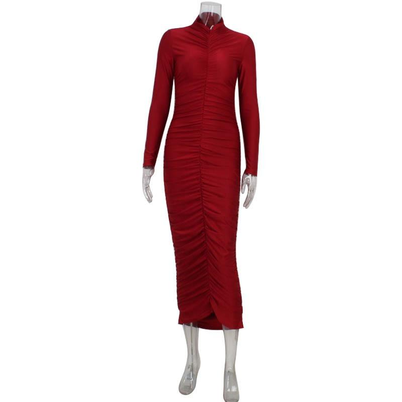 

Женское осенне-зимнее модное облегающее платье с длинными рукавами и складками, длинное платье с сумкой на бедрах L красный