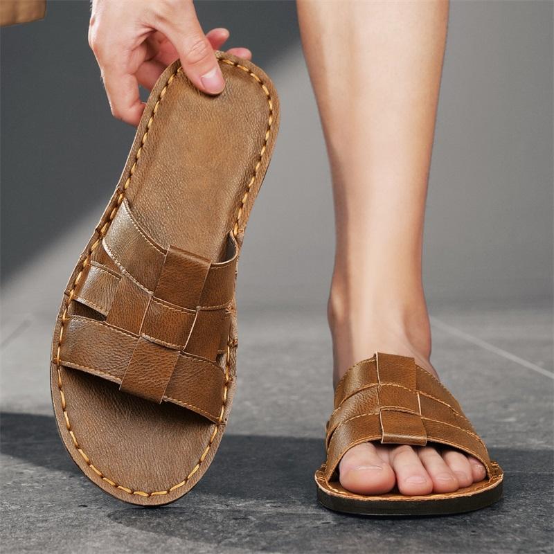 Men Slippers Handmade Simple Flats Brown Leather Sandals Black Summer Roman Sandals Open Toe Beach Shoes Plus Size
