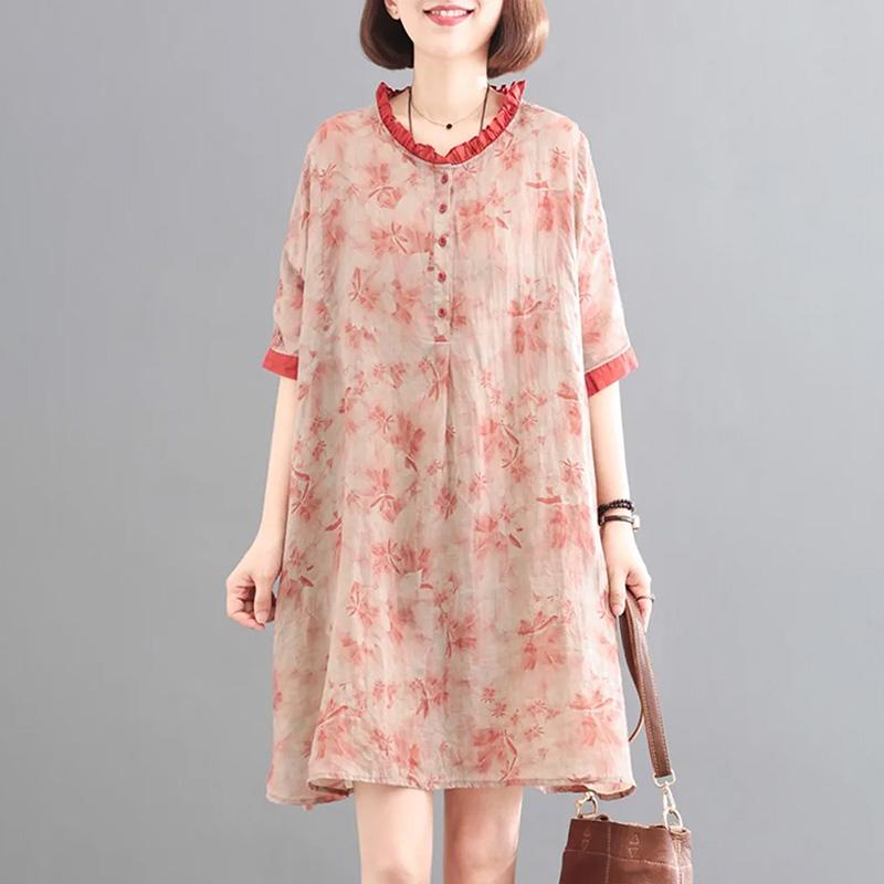 

Skirt for Woman Linen Summer Plus Size Loose Floral Vintage Solid Colours Skirt Casual Printed Soft Long Holiday Dresses XXL рожевий