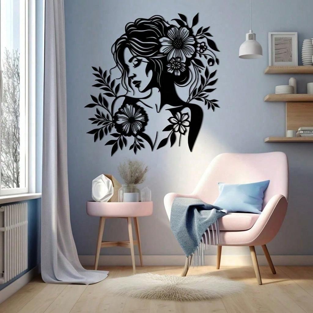 1 PC Black Flowers And Leaves Surrounding An Elegant Woman Minimalist Metal Wall Art - Modern Home Decor For Bedroom, Living Room, Or Bathroom.