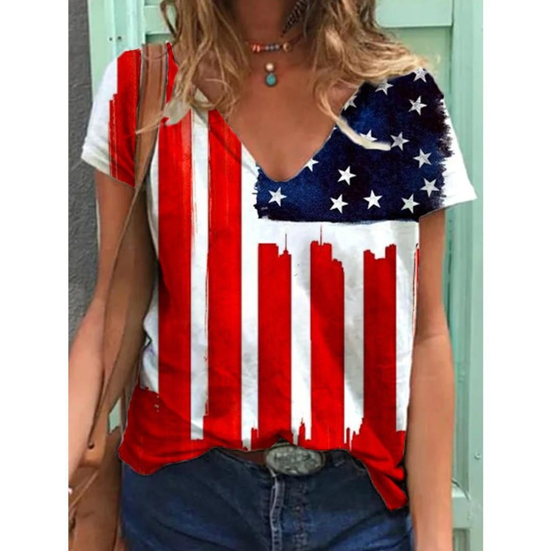 

Summer V-neck 3D American Independence Day Printed Top Fashionable Casual Short Sleeved Women s T-shirts S
