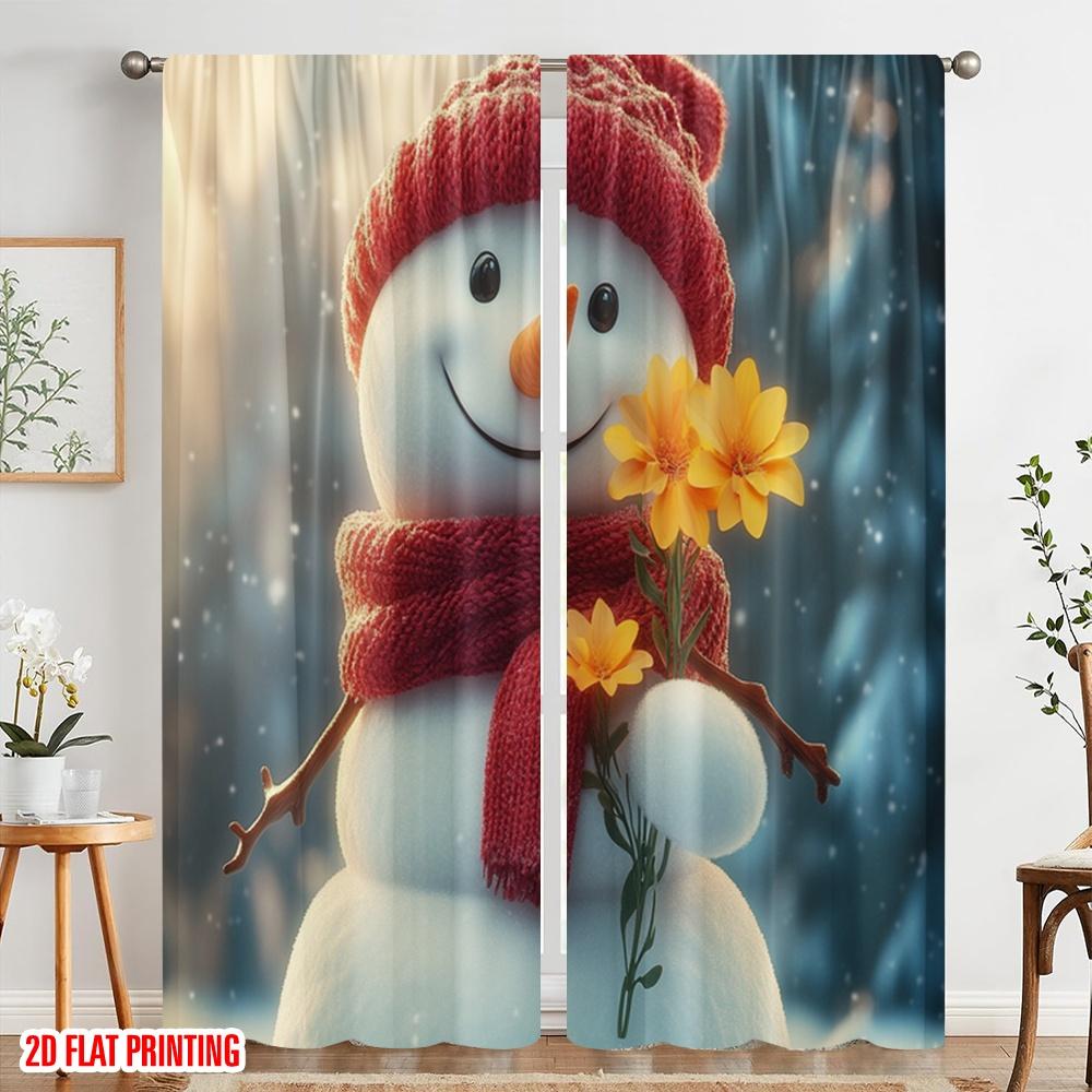 2pcs,2D Plane Printing Popular Curtains Cute Snowman Winter Flowers (2) Durable 100% Polyester Fabric (without Rod) Decorations