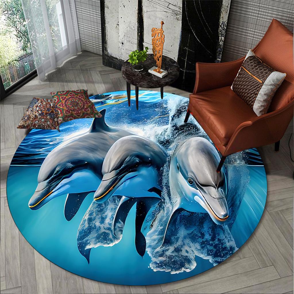 Dolphin Print Round Area Rug Non Slip Floor Mat Living Room Hotel Decor Ocean Theme Home Carpet