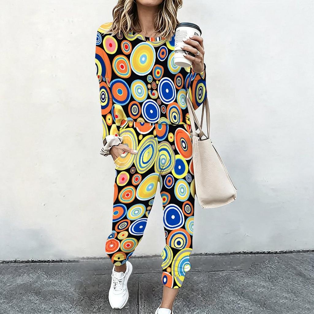 Women Crew Neck Long Sleeve Blouse And High Waist Wide Leg Trousers Two Piece Casual Suit