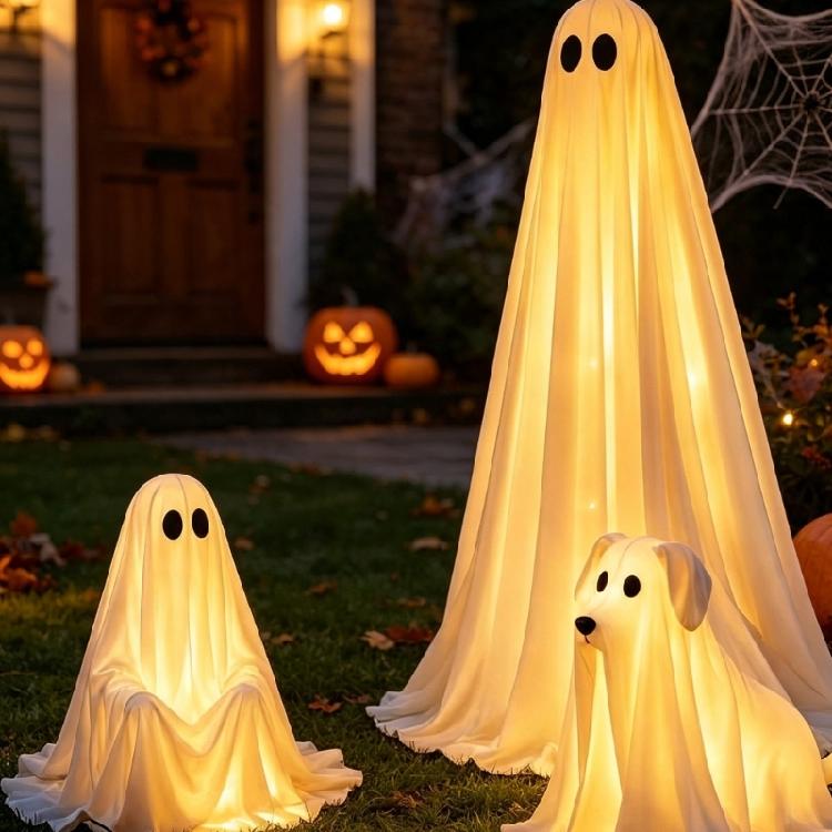 Ensemble d'affichage de figurines pour porche et jardin d'Halloween, Ensemble de 3 figurines esprit en tissu LED blanc chaud avec télécommande pour décoration de fenêtre de fête
