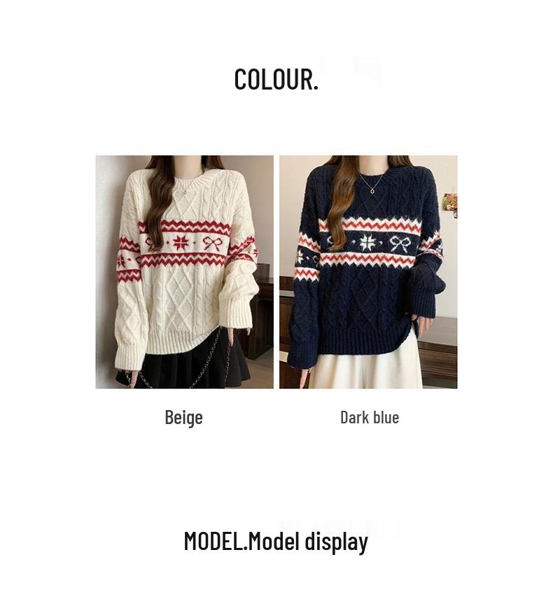 Women's Retro Fair Isle Pure Wool Christmas Sweater - Warm, Loose Fit Jacquard Knit with Round Neck