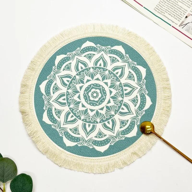 Boho Round Table Mat Hand-woven Linen Tassel Placemats Non-Slip Embroidery Dining Table Insulation Bowl Pads Kitchen Decoration