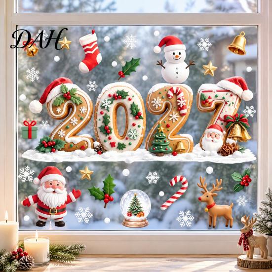 Adhesive Free Glass Ornaments Christmas Gingerbread Window Cling 2027, Static Stickers with Santa Claus Man Decals Snowman Reindeer and Snowflake for