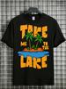 Unisex Navy Tee Tropical Island Palm Lake Text Print Short Sleeve Summer Vacation Cotton Casual Male Outdoor Daily Street Outfit