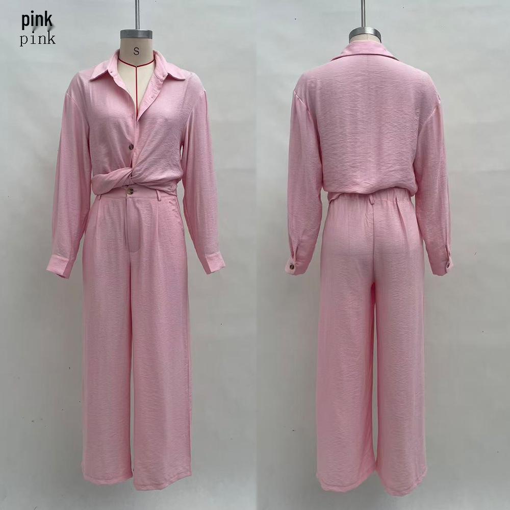 Women's Solid Color Long Sleeve Button Shirt & Pocketed Pants Set - 2025 Fashion