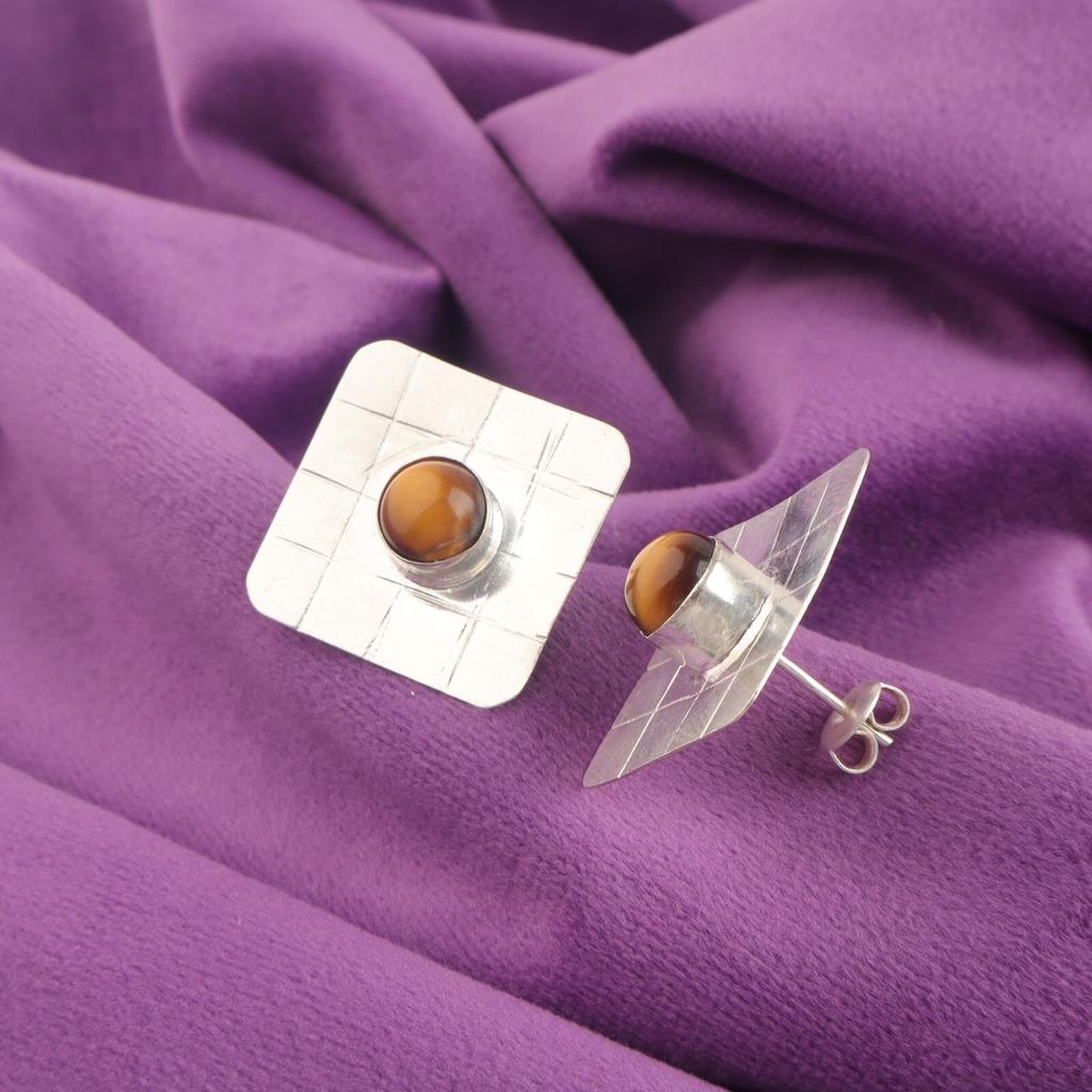 Sacral Chakra Natural Yellow Tiger Eye Stud Earrings Jewelry 925 Sterling Silver EE-146-37