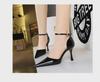 European & American High Heel Pointed Patent Leather One-Strap Sandals with Sexy Hollow Design