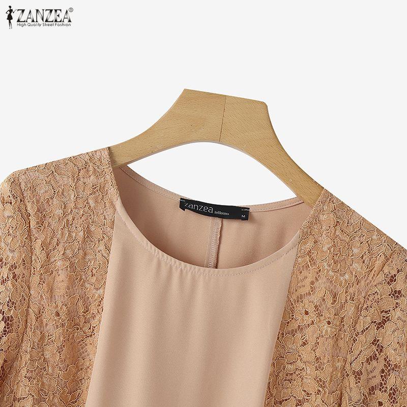 ZANZEA Women Casual Round Neck 3/4 Sleeve Casual Lace Patchwork Dress