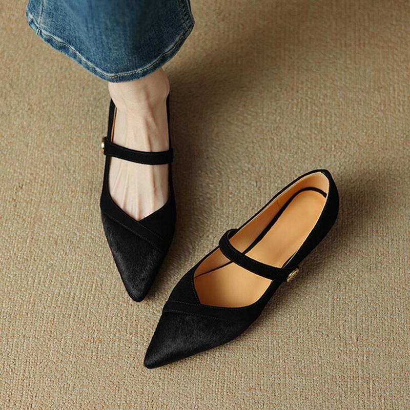 Fashion NEW Spring Women Pumps Horsehair Shoes for Women Pointed Toe Chunky Heel Shoes Elegant Mary Janes Low Heel Sheep Suede Shoes