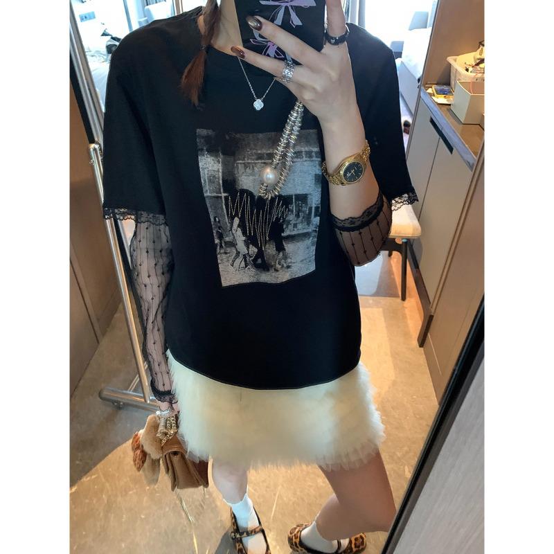 

Mochie Весенний Кружевной Пэчворк Двухпредметный Образ Круглый Вырез С Принтом Свободная Стройнящая Футболка С Длинным Рукавом One Size чёрный