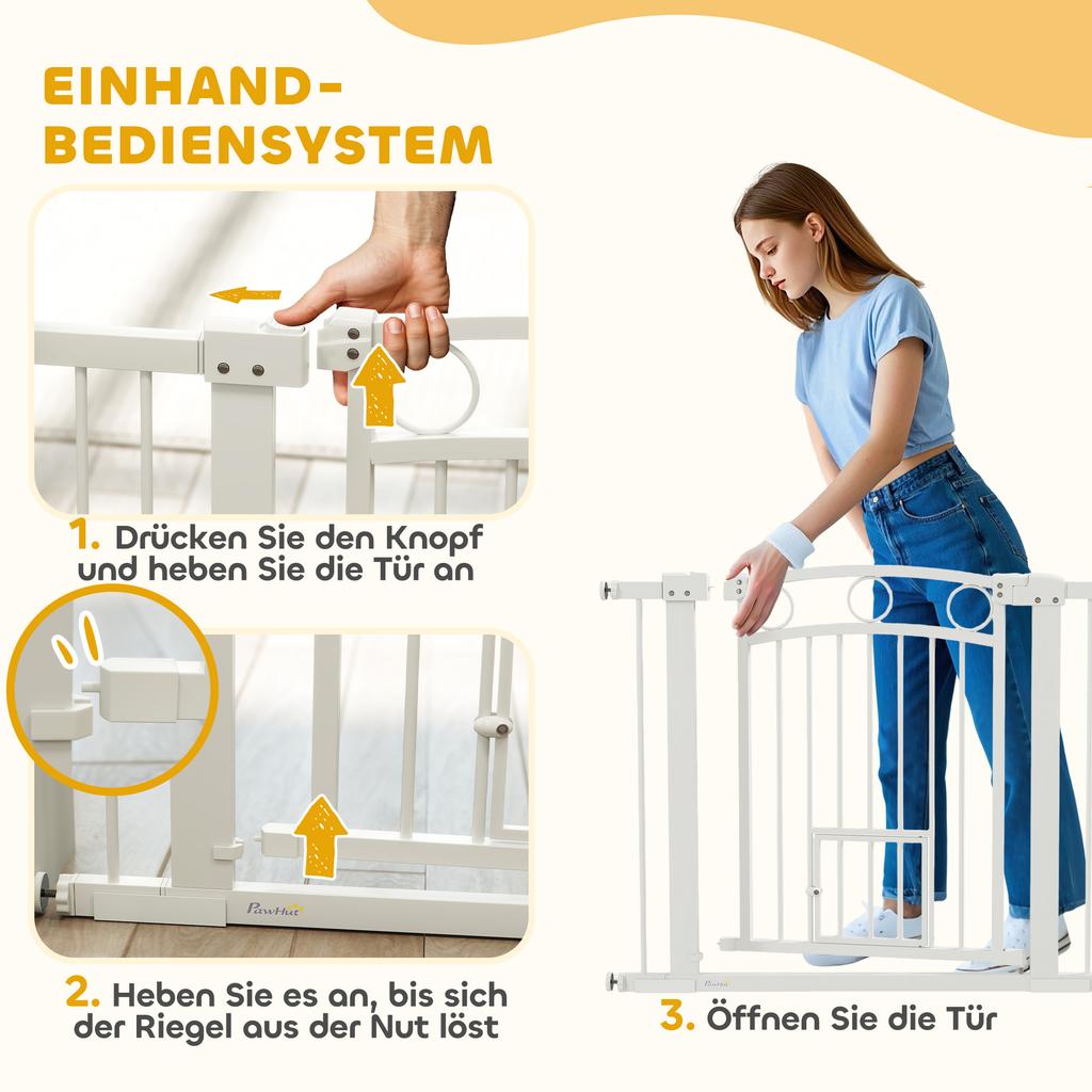 77cm Tall Dog Gate with Cat Door, 7cm and 14cm Extensions, for Stairs, Doorways, 76-104cm Width