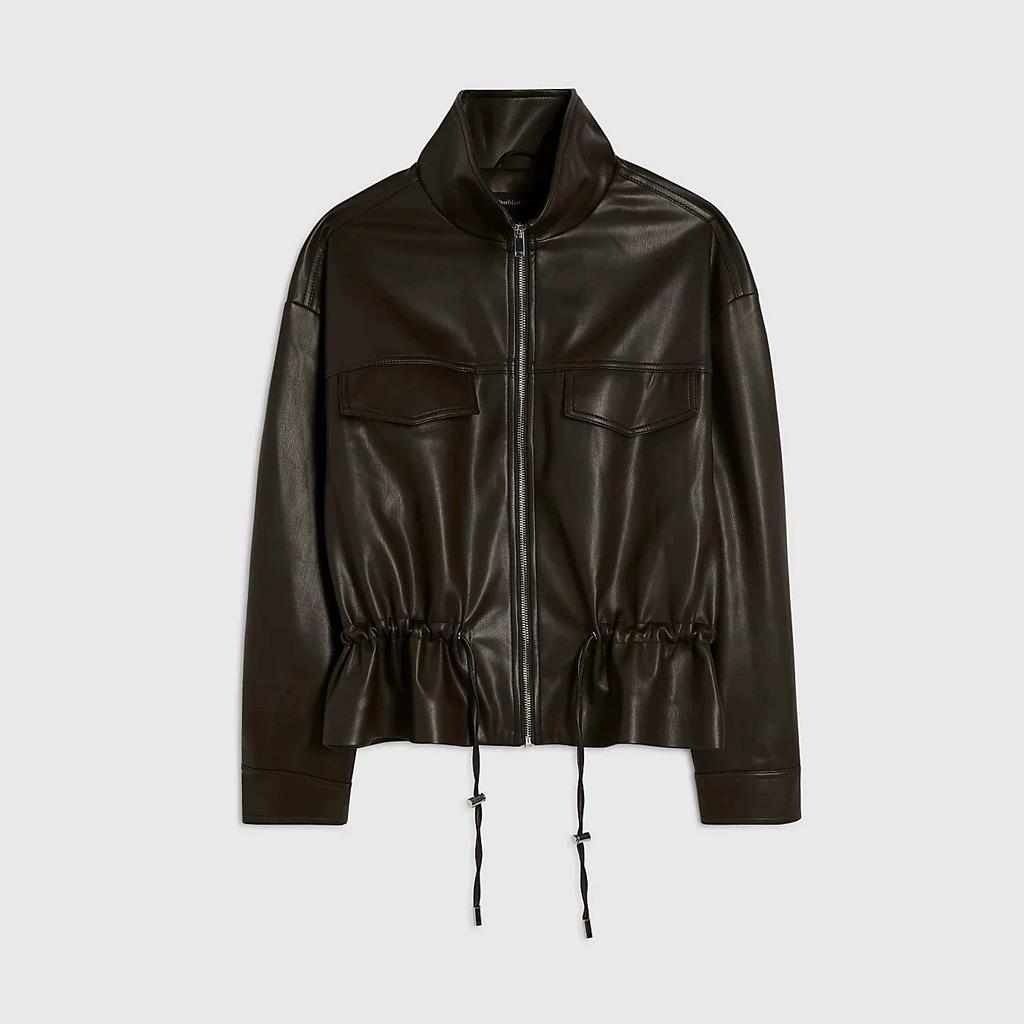 Veste en Cuir PU à Col Montant Populaire pour Femmes Taille à Cordon Poche Zippée Courte Veste Rétro Locomotive Veste