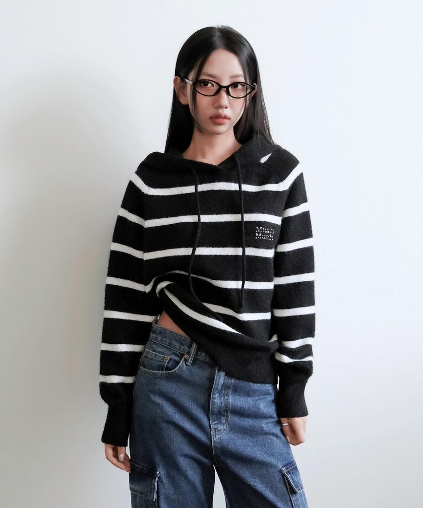 MUAHMUAH Striped Wool Brushed Hoodie Knit [Black]