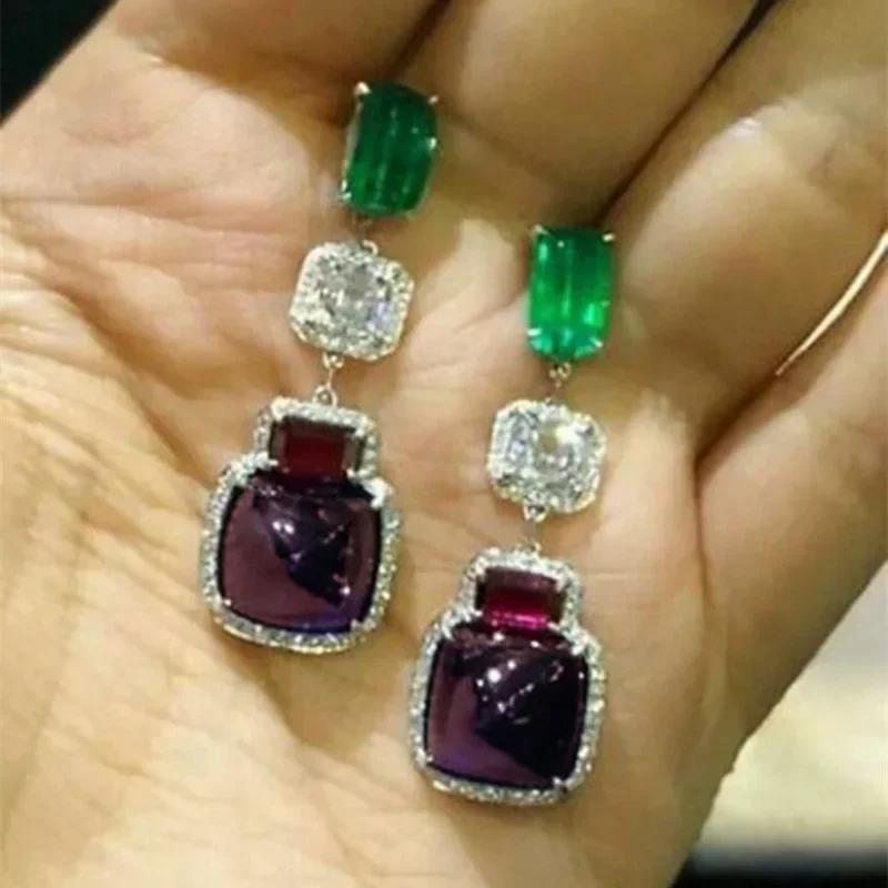Dámské nepravidelné náušnice s barevnými kamínky fialové červené zelené bílé luxusní módní šperky na večírky