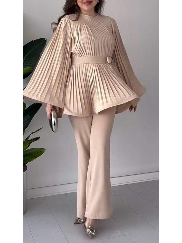 2024 Solid Color Pleated Ruffle Hem Loose Casual Long Pants Set