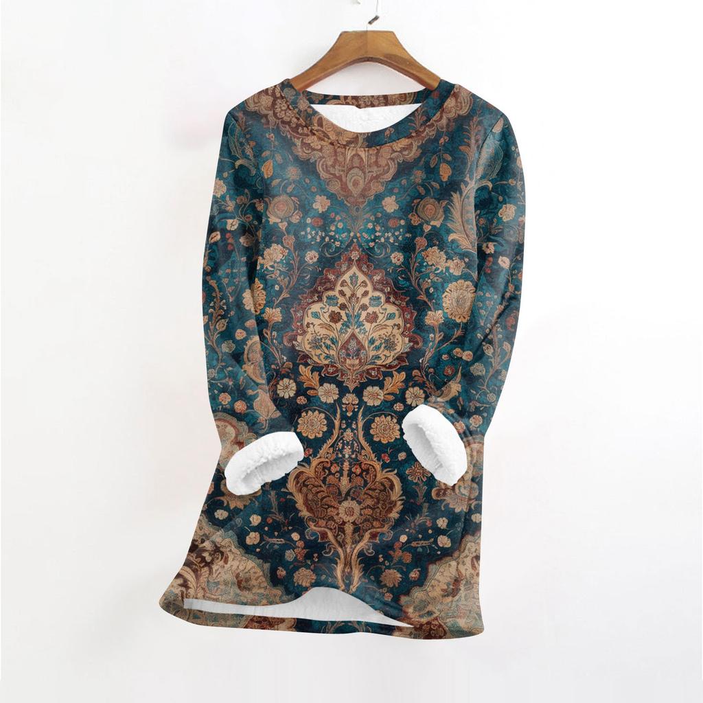 Women's Fashionable Printed Round Neck Long Sleeved Plush Warm Pullover Top