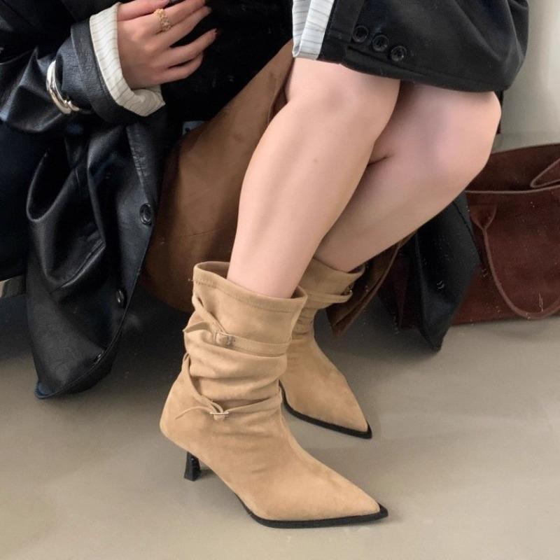Autumn and winter new retro pointed thin heel short boots women's suede pleated piled boots high heel western boots