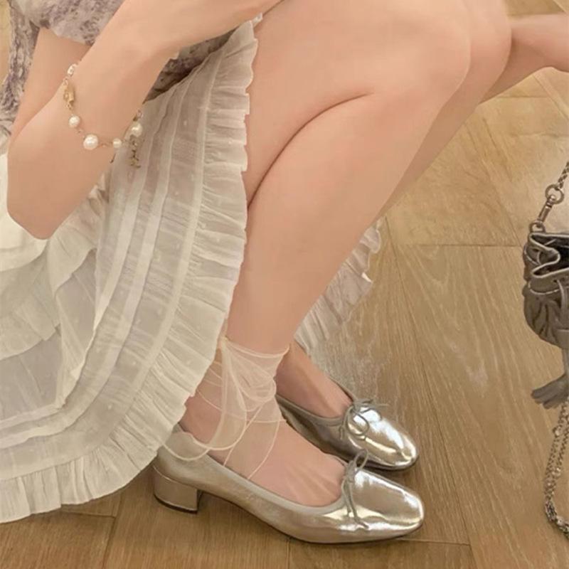 French Elegant Mary Jane Shoes Women's New Bow Leather Medium Thick Heel Silver Single Shoes