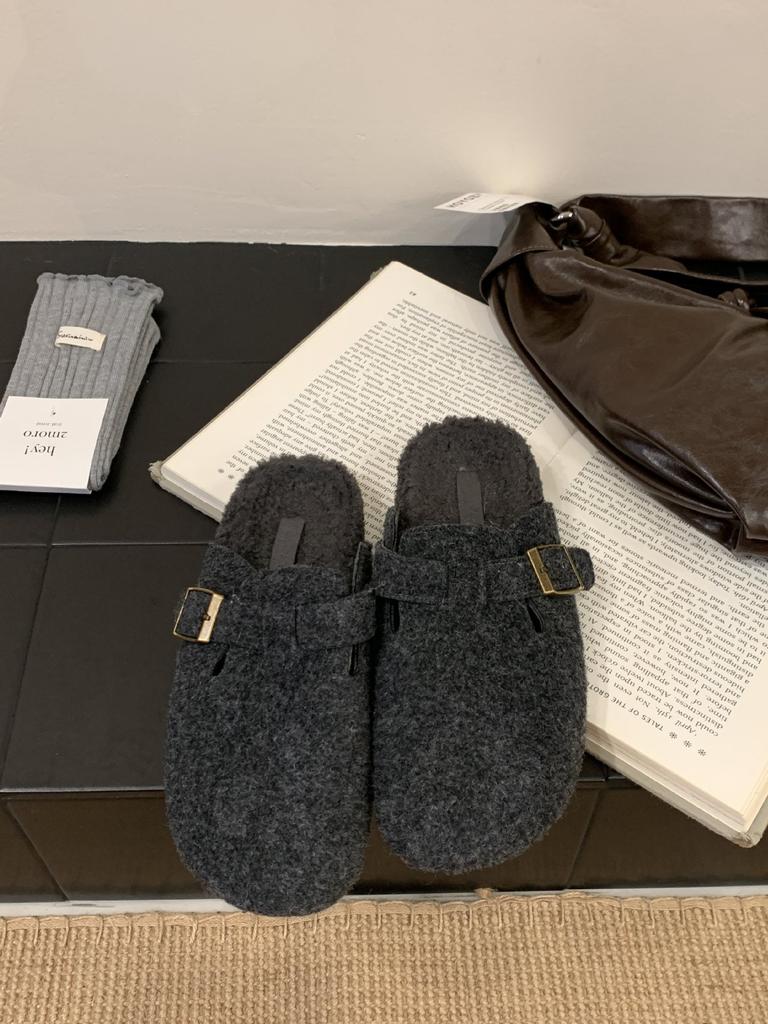 Thick-soled Birkenstock Wool Shoes 2025 Autumn and Winter Korean Version One-word Fluffy Slippers Women Wear Flat-soled Birkenstock Velvet Cotton Shoe