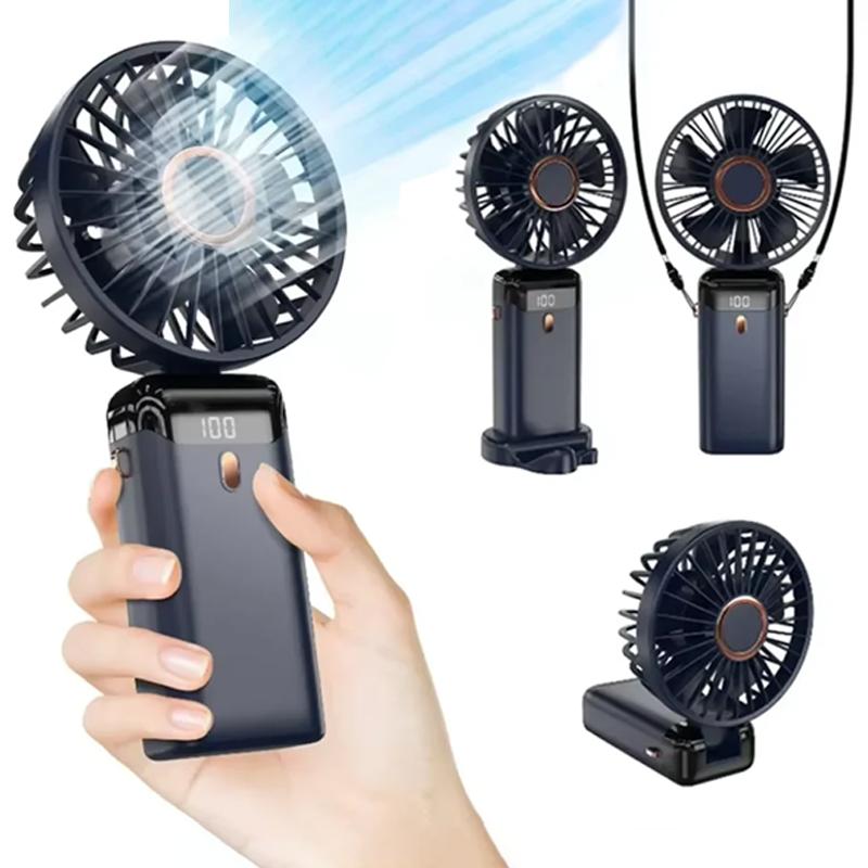 Handheld Mini Fan 3000mAh Foldable Portable Neck Hanging Fans 5 Speed USB Rechargeable Fan with Phone Stand and Display Screen